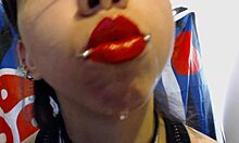 Young black haired teen gets wet tongue and red lips off